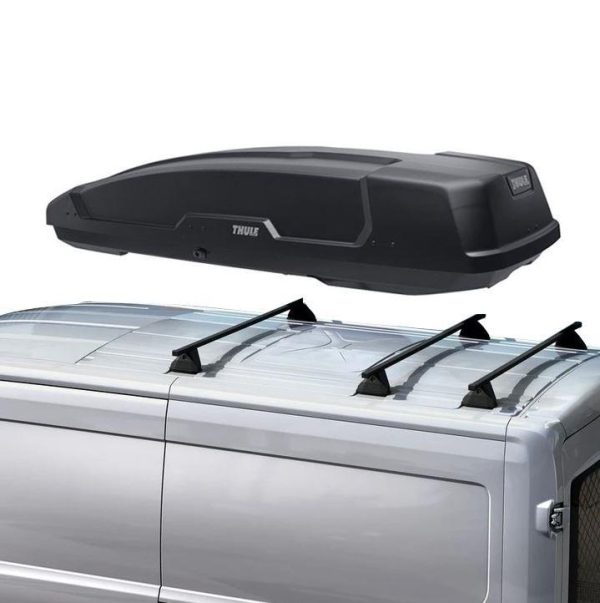 TRANSIT VAN ROOF BASE CARRIER & THULE ROOF BOX FORCE XT ALPINE TITAN GLOSSY